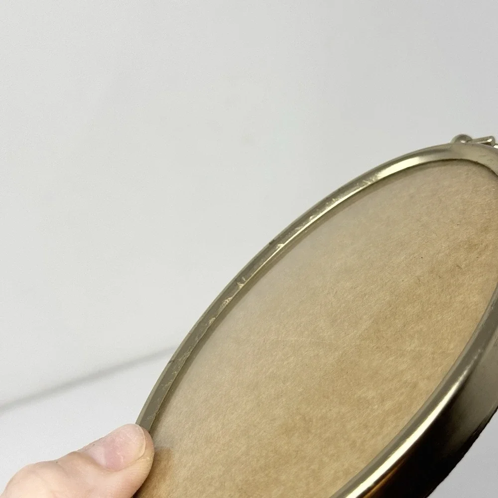 Vintage Convex Bubble Glass OVAL Brass Tone Picture Frame Ball Feet 5
